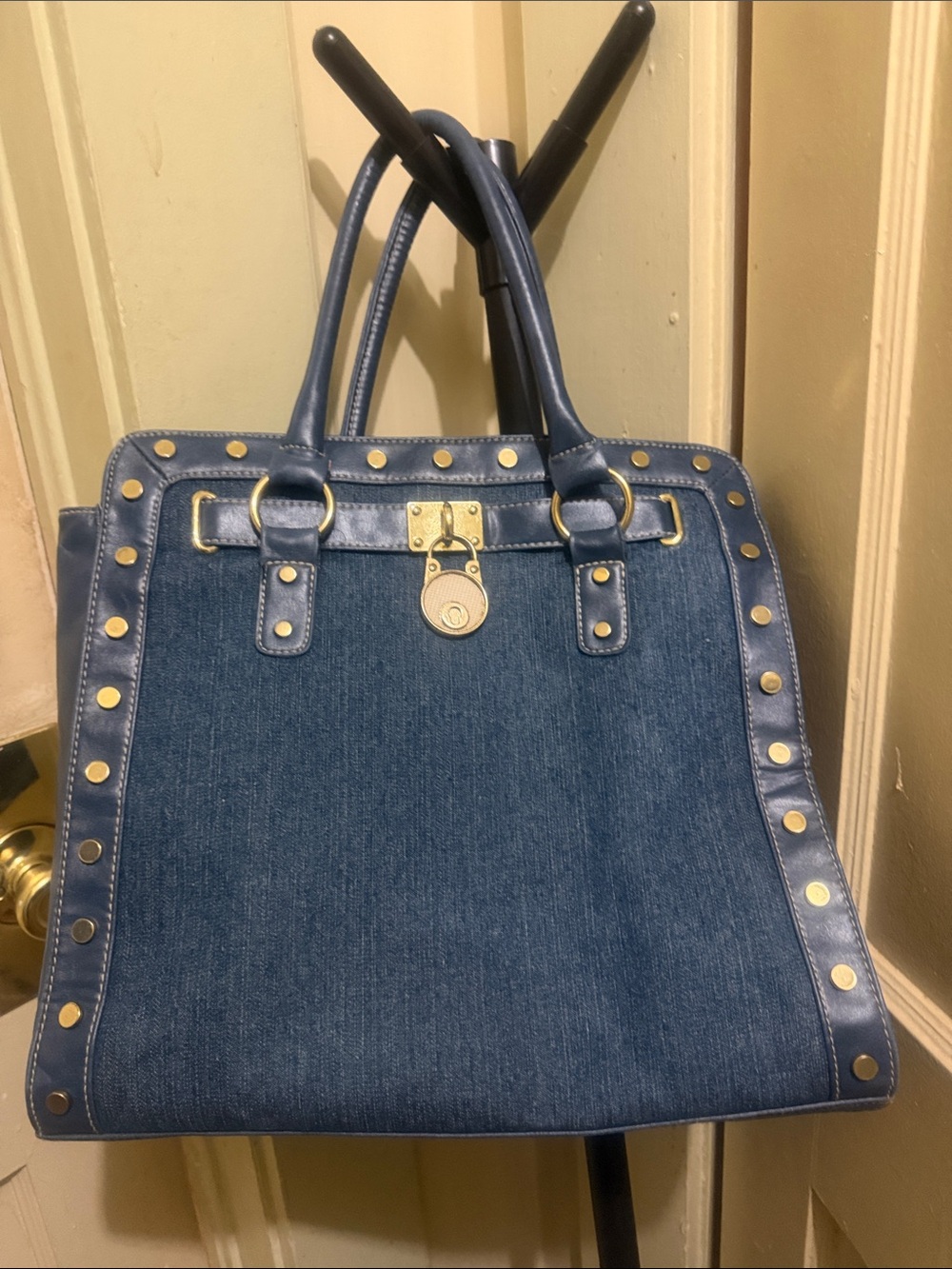 Denim Tote Bag with Gold Accent Hardware